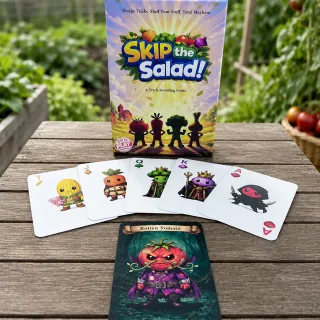 The Skip the Salad box and cards laid out on a garden table