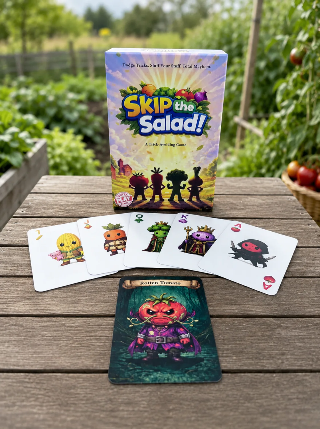 Skip the Salad! box and cards staged on a garden table